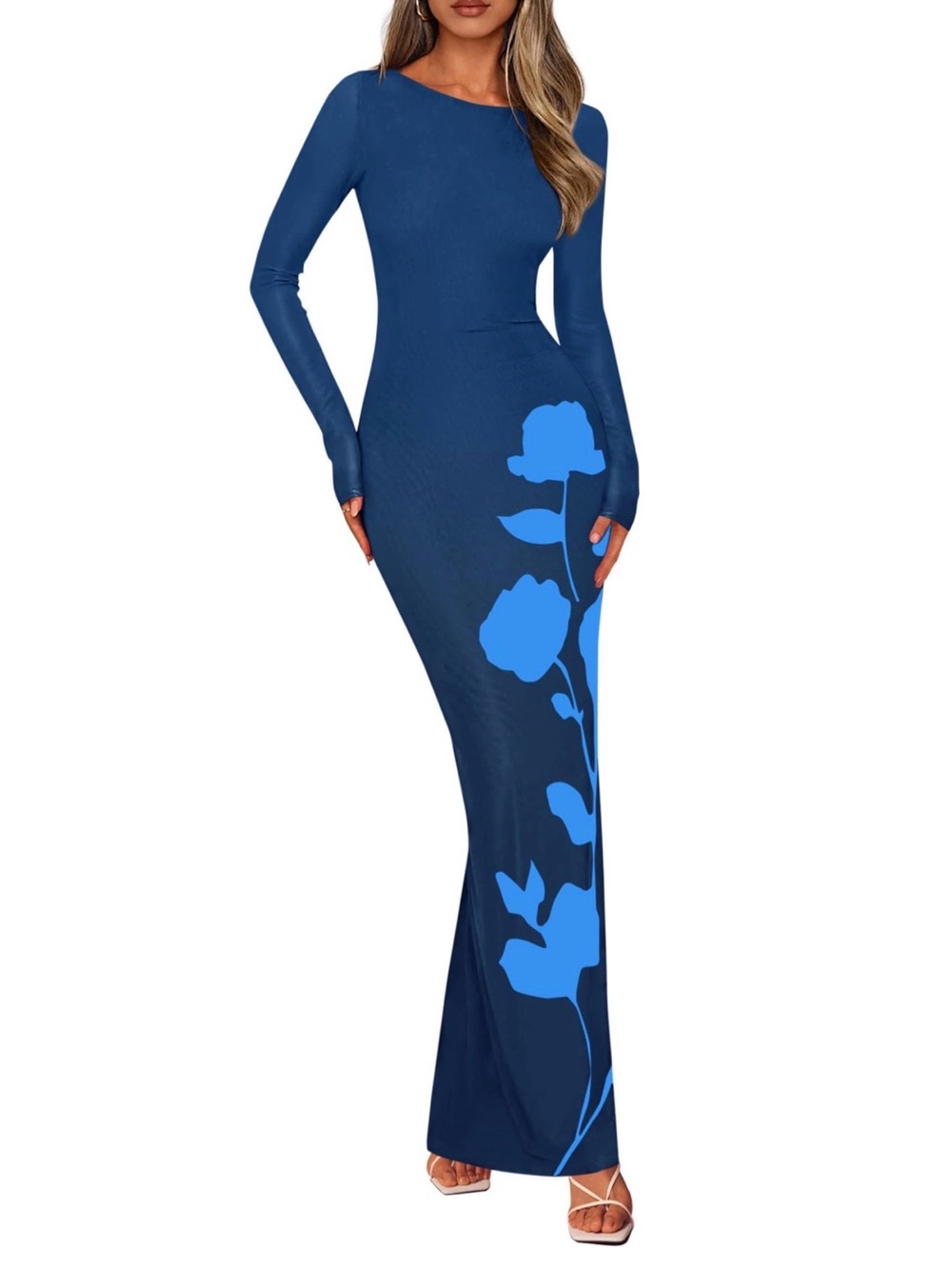 PRETTYGARDEN Bodycon Maxi Dress Floral Mesh Long Sleeve Sexy Mesh (Blue,X-Large)